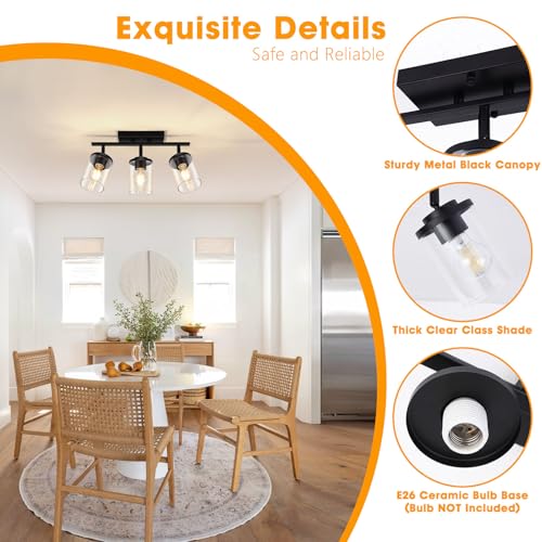 FadimiKoo 3-Lights Semi Flush Mount Ceiling Light, Adjustable Kitchen Light Fixtures Ceiling Mount with Clear Glass Shades, Rotatable Black Track Lighting Fixtures for Hallway, Foyer, Bedroom - Image 3