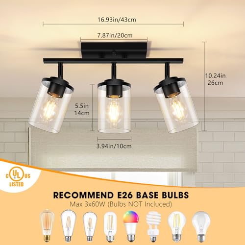 FadimiKoo 3-Lights Semi Flush Mount Ceiling Light, Adjustable Kitchen Light Fixtures Ceiling Mount with Clear Glass Shades, Rotatable Black Track Lighting Fixtures for Hallway, Foyer, Bedroom - Image 2