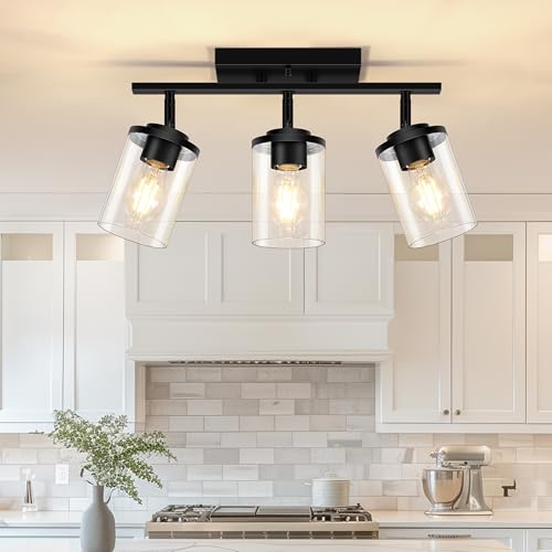 FadimiKoo 3-Lights Semi Flush Mount Ceiling Light, Adjustable Kitchen Light Fixtures Ceiling Mount with Clear Glass Shades, Rotatable Black Track Lighting Fixtures for Hallway, Foyer, Bedroom - Image 1