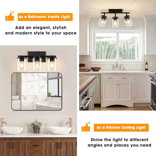 FadimiKoo 3-Lights Semi Flush Mount Ceiling Light, Adjustable Kitchen Light Fixtures Ceiling Mount with Clear Glass Shades, Rotatable Black Track Lighting Fixtures for Hallway, Foyer, Bedroom - Image 5