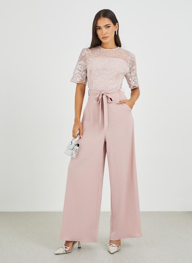 Styli Lace Insert Waist Tie-Up Wide Leg Jumpsuit - Image 1