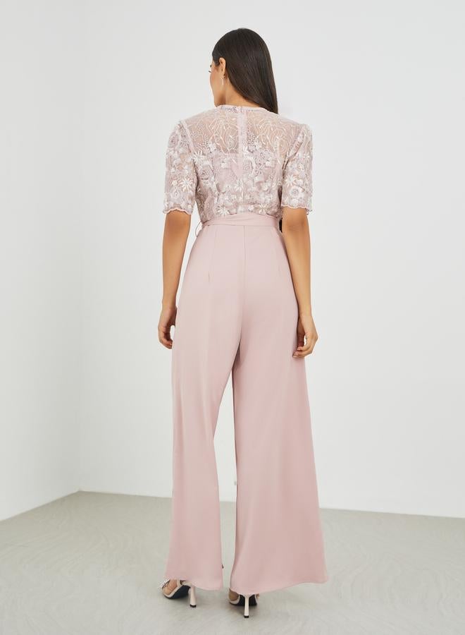 Styli Lace Insert Waist Tie-Up Wide Leg Jumpsuit - Image 4