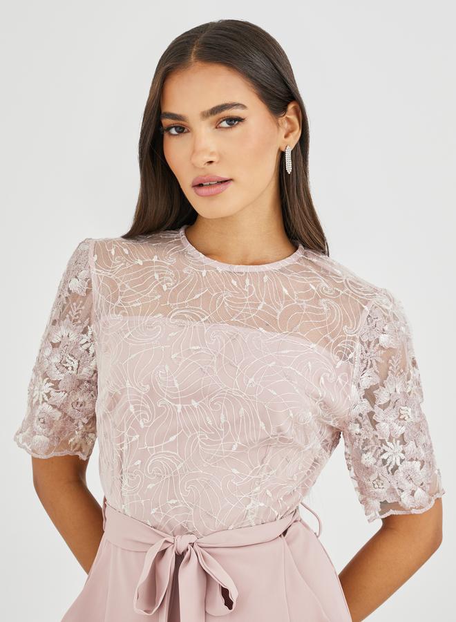 Styli Lace Insert Waist Tie-Up Wide Leg Jumpsuit - Image 3