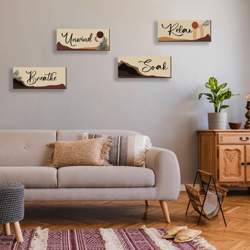 ONIZHITY 4 Pcs Boho Bathroom Decor Boho Wall Decor with Relax Soak Unwind Breathe Relaxing Quotes Bohemian Wooden Hanging Wall Art Farmhouse Abstract Decoration for Bedroom Living Room Office (Boho 10X4 Inch) - Image 3