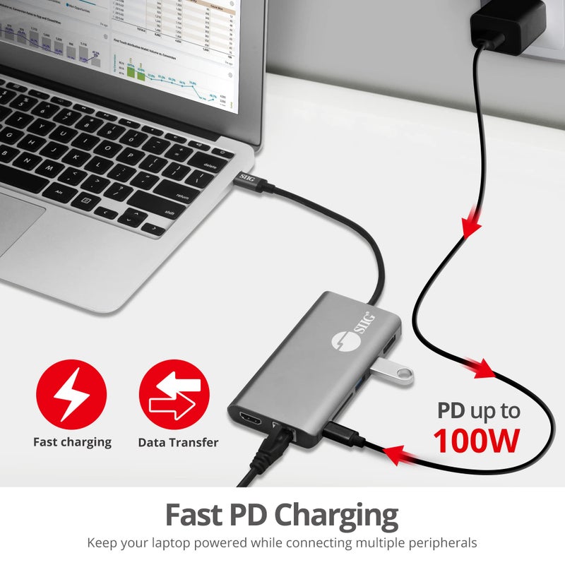 SIIG USB-C MST Hub with 4K@30Hz HDMI or DisplayPort, 1080p Dual Display, 100W Power Delivery Charging, 1 Gbps Ethernet, USB-C and 2X USB 3.1 Gen1 Type-A Data Ports, SD Card Slot (JU-DK0F11-S1) - Image 5