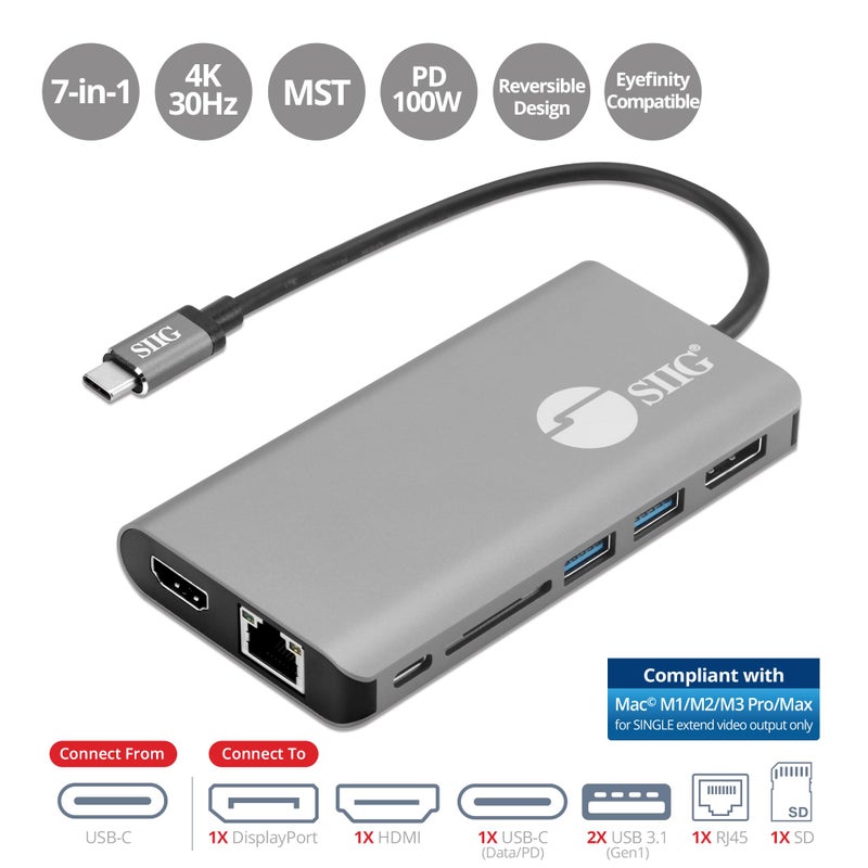 SIIG USB-C MST Hub with 4K@30Hz HDMI or DisplayPort, 1080p Dual Display, 100W Power Delivery Charging, 1 Gbps Ethernet, USB-C and 2X USB 3.1 Gen1 Type-A Data Ports, SD Card Slot (JU-DK0F11-S1) - Image 2