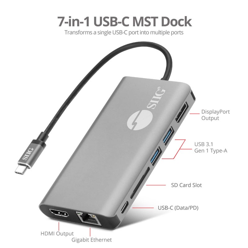 SIIG USB-C MST Hub with 4K@30Hz HDMI or DisplayPort, 1080p Dual Display, 100W Power Delivery Charging, 1 Gbps Ethernet, USB-C and 2X USB 3.1 Gen1 Type-A Data Ports, SD Card Slot (JU-DK0F11-S1) - Image 3