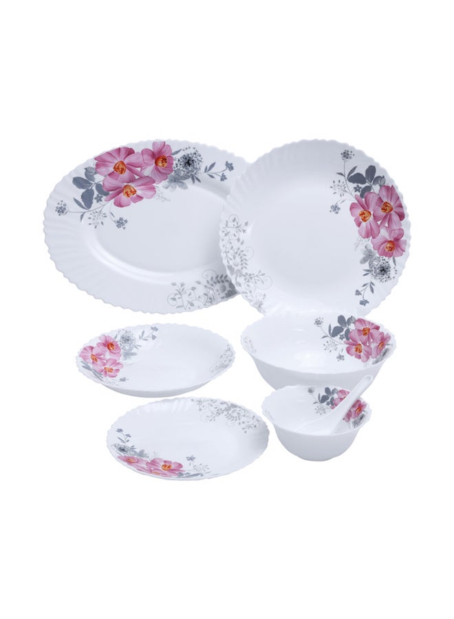 Royalford 33-Piece Opalware Dinner Set White/Pink/Green Oval Plate 13 inch, Dinner Plate 6x10.5 inch, Soup Plate 6x8.5 inch, Flat Plate 6x7.5 inch, Salad Bowl 2x8 inch, Salad Bowl 6x5inch - Image 1