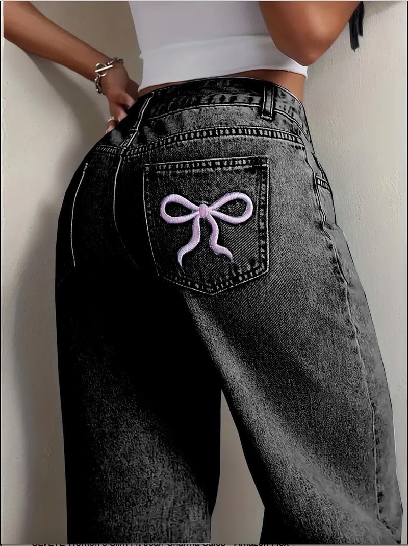 Nifty Women's Denim Stretchable High Waist Dark Wash Baggy Jeans (1477_Gry_30_Grey_30) || Back Pocket Bow tie Detail - Image 5