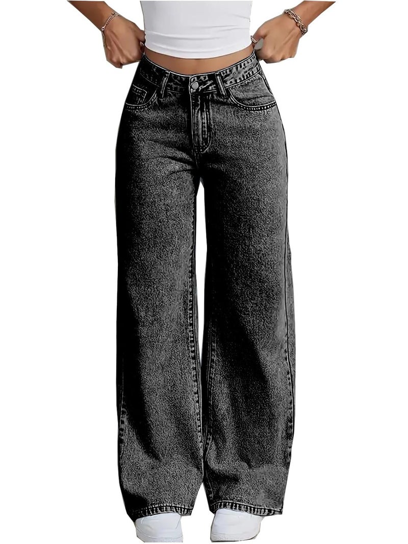 Nifty Women's Denim Stretchable High Waist Dark Wash Baggy Jeans (1477_Gry_30_Grey_30) || Back Pocket Bow tie Detail - Image 1