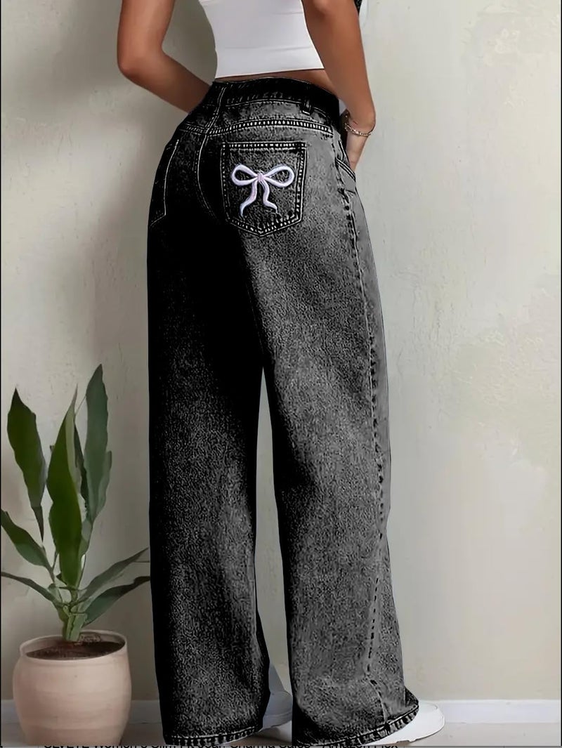 Nifty Women's Denim Stretchable High Waist Dark Wash Baggy Jeans (1477_Gry_30_Grey_30) || Back Pocket Bow tie Detail - Image 3
