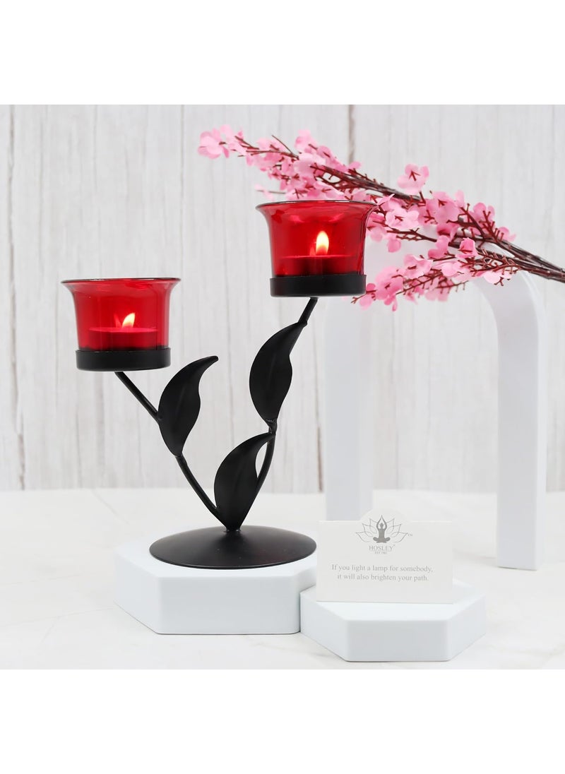 Hosley - HOSLEY Metal Red Glass Tealight Candle Holder|Tealight Candle Holder with Glass Holder Perfect for Home Decor Tabletop|2-Cup Centrepiece Pack of 1 with Pack of 2 Tealight (Black) - Image 1