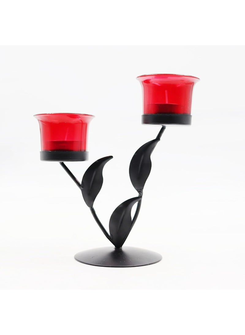 Hosley - HOSLEY Metal Red Glass Tealight Candle Holder|Tealight Candle Holder with Glass Holder Perfect for Home Decor Tabletop|2-Cup Centrepiece Pack of 1 with Pack of 2 Tealight (Black) - Image 1