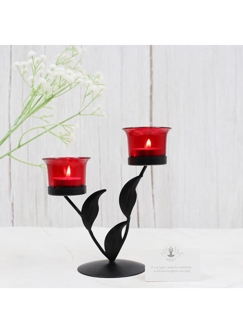 Hosley - HOSLEY Metal Red Glass Tealight Candle Holder|Tealight Candle Holder with Glass Holder Perfect for Home Decor Tabletop|2-Cup Centrepiece Pack of 1 with Pack of 2 Tealight (Black) - Image 1