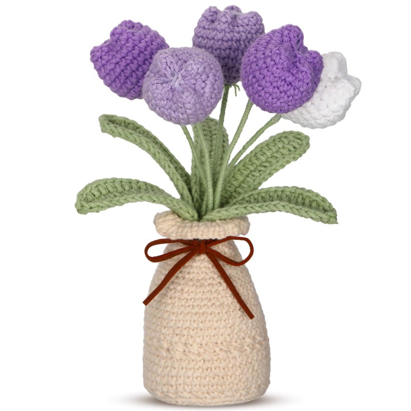 باقة زهور التوليب المحبوكة بالكروشيه من مارسوي مع مزهرية، 7 بوصات، زهرة توليب صناعية محبوكة يدوياً تدوم للأبد مع وعاء رائع، هدية مثالية لأعياد ميلاد النساء، ديكور منزلي ومكتبي للعائلة (بنفسجي). - Image 1