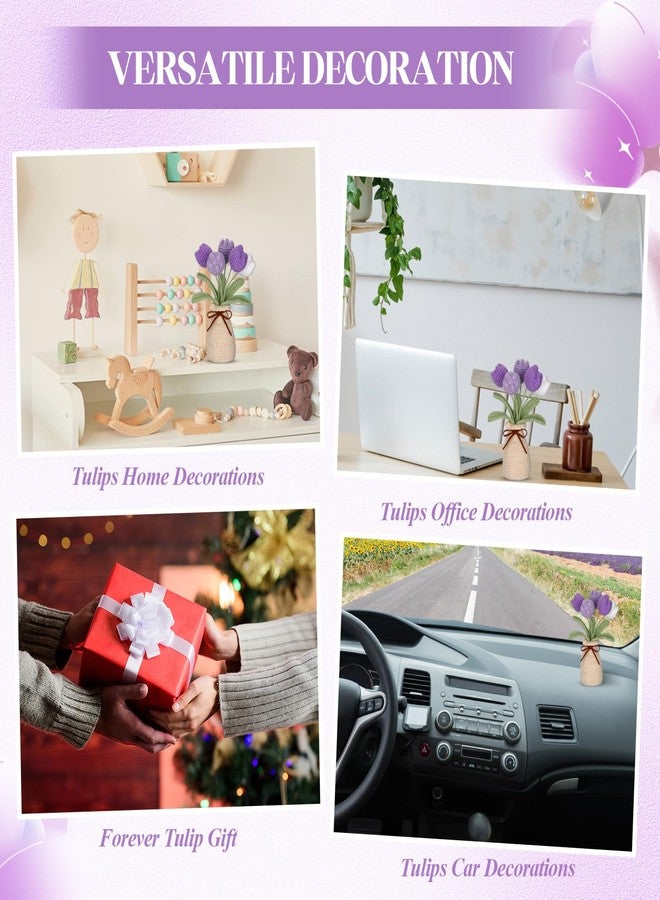 باقة زهور التوليب المحبوكة بالكروشيه من مارسوي مع مزهرية، 7 بوصات، زهرة توليب صناعية محبوكة يدوياً تدوم للأبد مع وعاء رائع، هدية مثالية لأعياد ميلاد النساء، ديكور منزلي ومكتبي للعائلة (بنفسجي). - Image 5