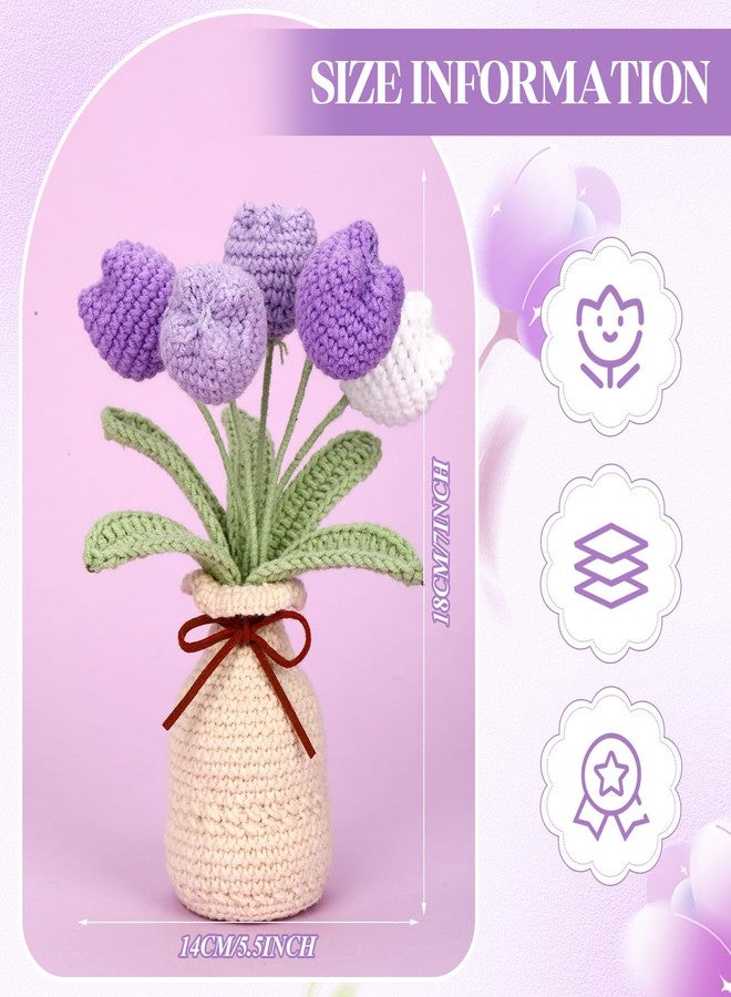 باقة زهور التوليب المحبوكة بالكروشيه من مارسوي مع مزهرية، 7 بوصات، زهرة توليب صناعية محبوكة يدوياً تدوم للأبد مع وعاء رائع، هدية مثالية لأعياد ميلاد النساء، ديكور منزلي ومكتبي للعائلة (بنفسجي). - Image 2