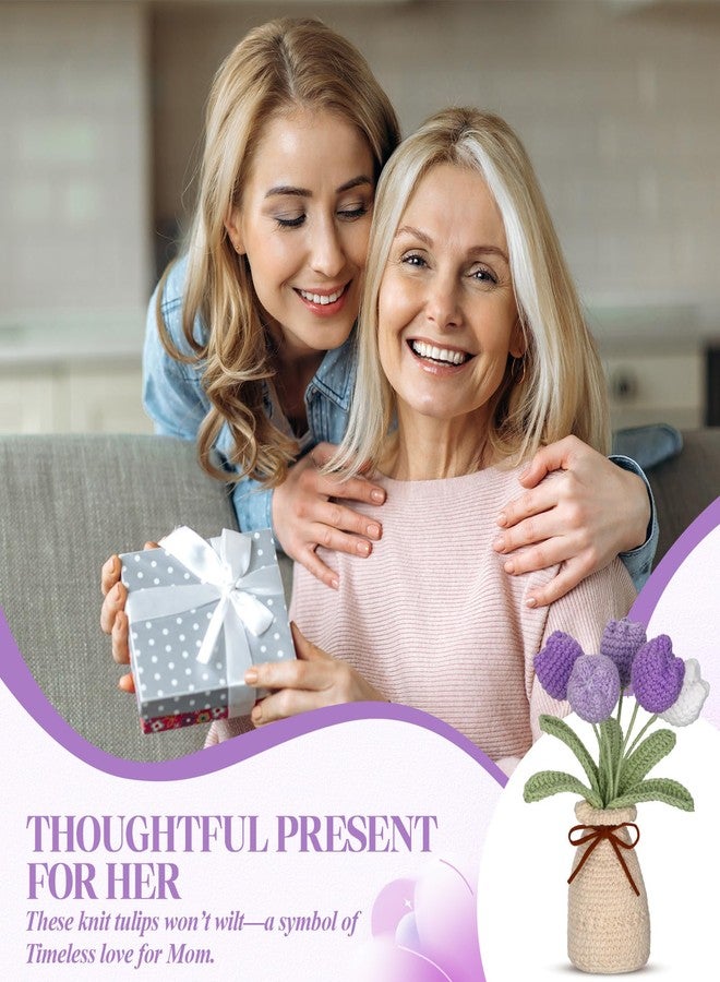 باقة زهور التوليب المحبوكة بالكروشيه من مارسوي مع مزهرية، 7 بوصات، زهرة توليب صناعية محبوكة يدوياً تدوم للأبد مع وعاء رائع، هدية مثالية لأعياد ميلاد النساء، ديكور منزلي ومكتبي للعائلة (بنفسجي). - Image 4