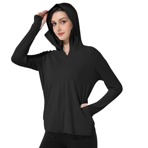 Mingyuezai Womens UPF 50 Sun Protection Jacket UV Lightweight Hooded SPF Long Sleeve Sun ShirtZ3724BKM - Image 3