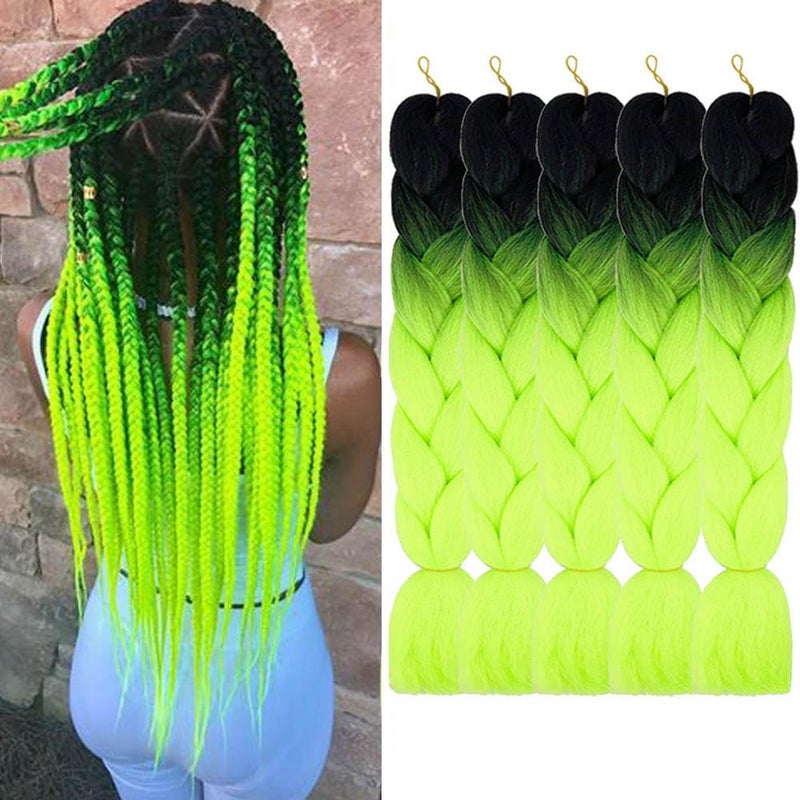 AIDUSA Ombre Braiding Hair Black to Neon Green 5Pcs Synthetic Afro Braiding Hair Extensions 24 Inch 2 Tones for Women Twist Crochet Braids 100g B13 Black to Fluorescent Green