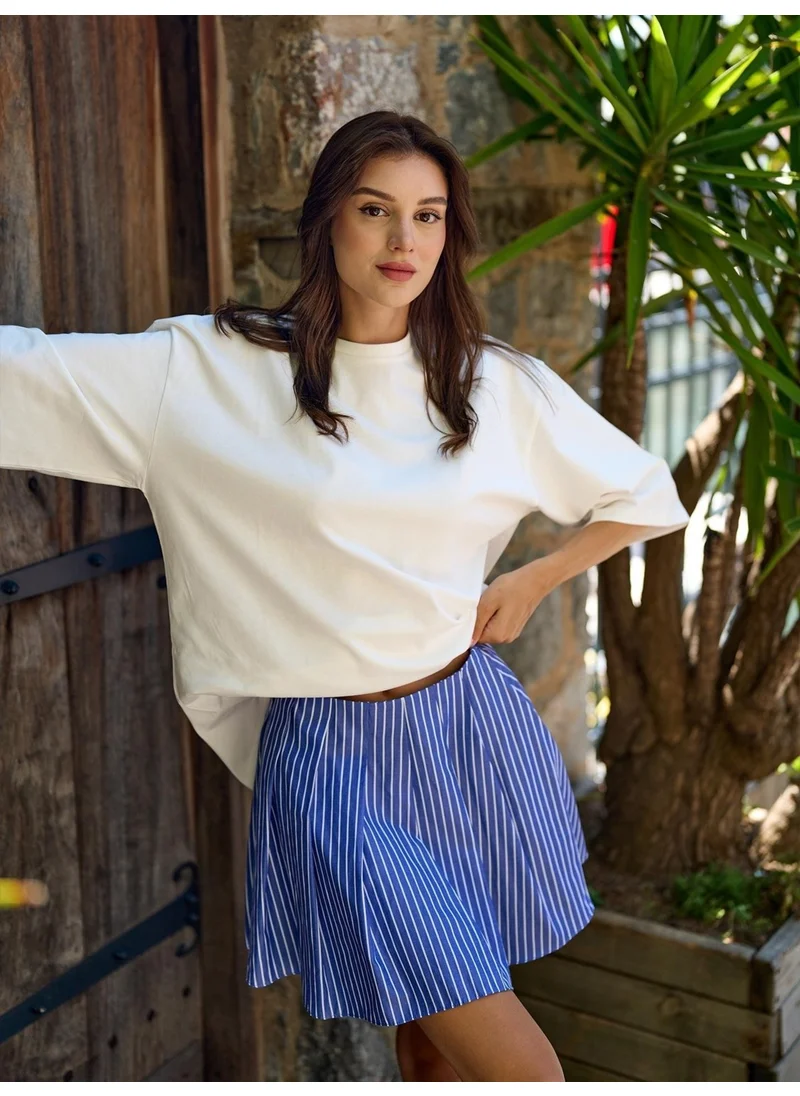 جاستي Stripe Pattern Pleated Poplin Mini Skirt Blue