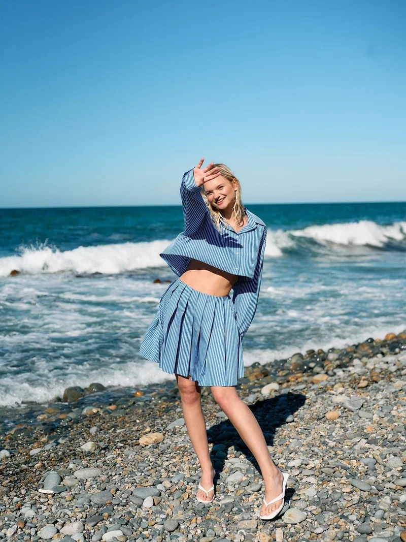 Juste Stripe Pattern Pleated Poplin Mini Skirt Blue