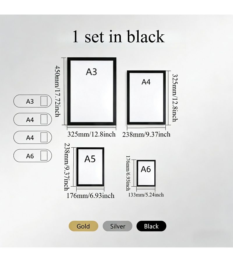 4pcs A3-A6 Magnetic Wall Picture Frames Self Adhesive Black Photo Holders for Home Office Decor - Image 2