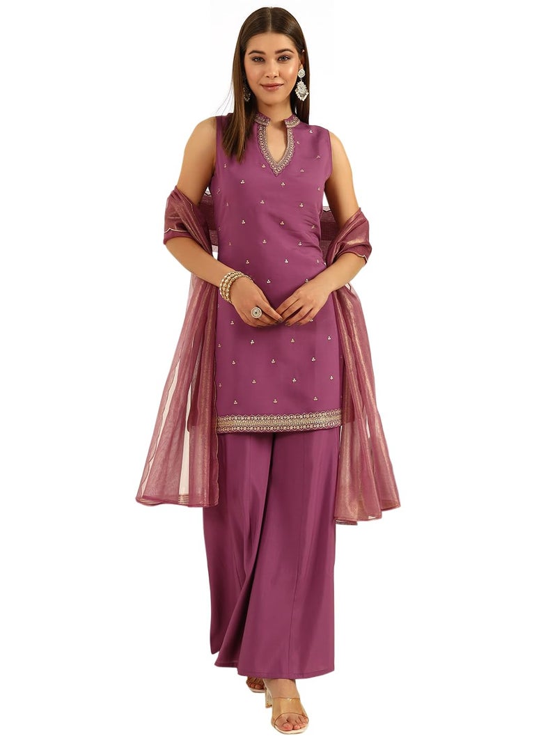 FIORRA Women's Lavender Viscose Chanderi Straight Kurta with Palazzo and Dupatta - Image 1