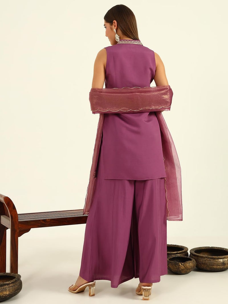 FIORRA Women's Lavender Viscose Chanderi Straight Kurta with Palazzo and Dupatta - Image 4