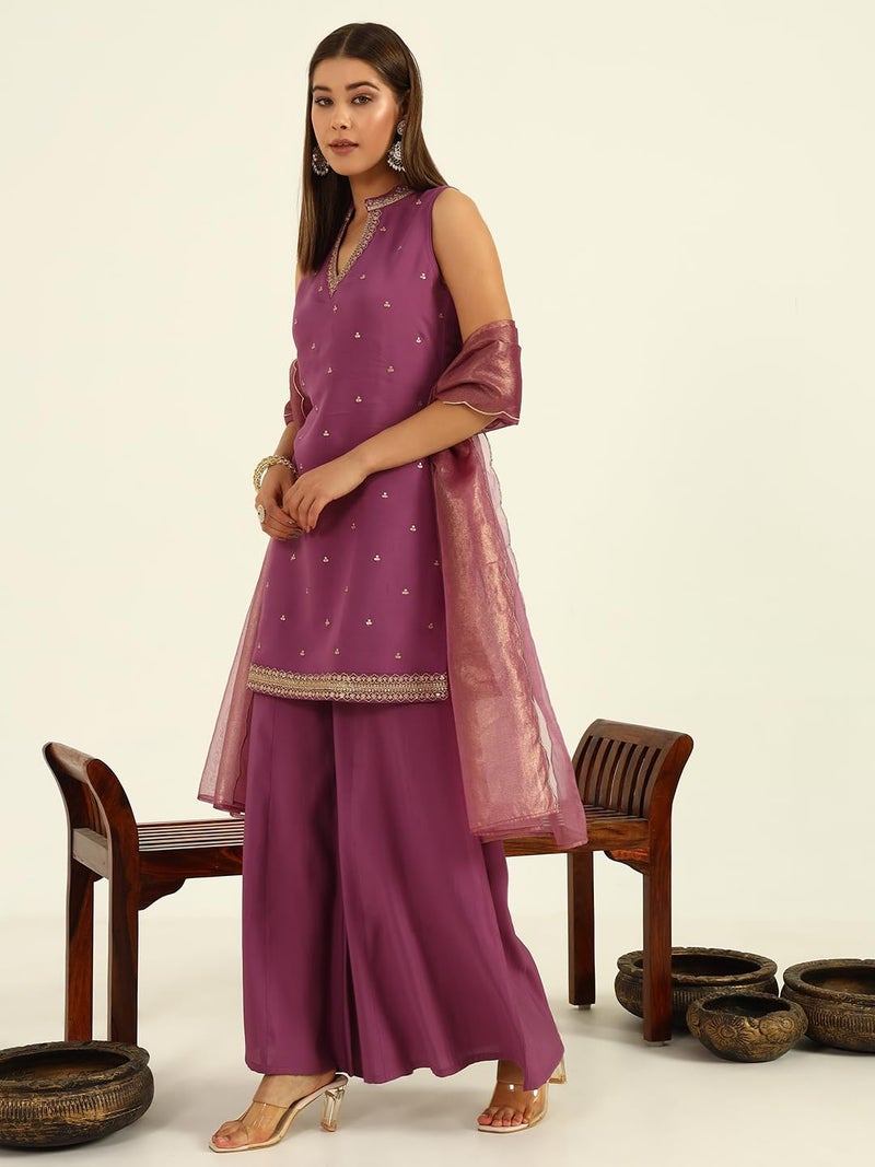 FIORRA Women's Lavender Viscose Chanderi Straight Kurta with Palazzo and Dupatta - Image 3