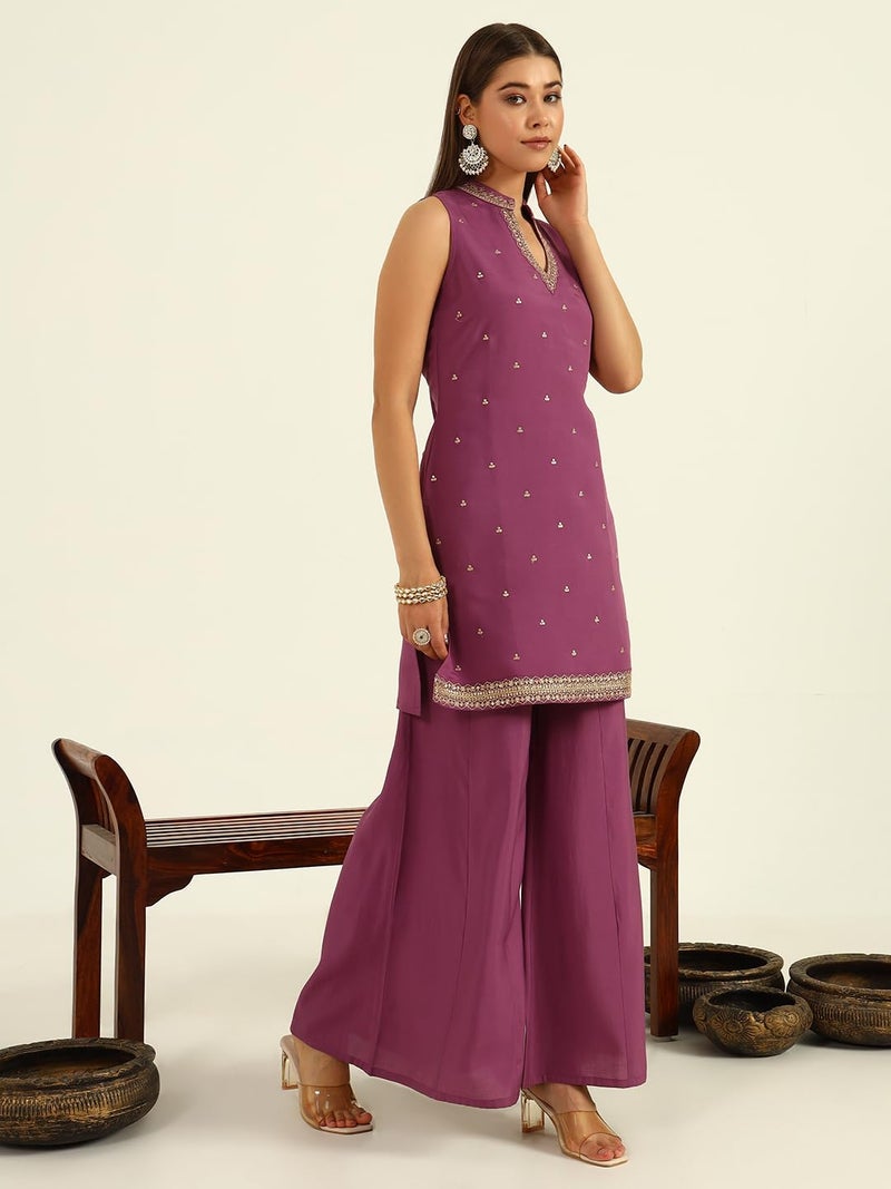 FIORRA Women's Lavender Viscose Chanderi Straight Kurta with Palazzo and Dupatta - Image 2