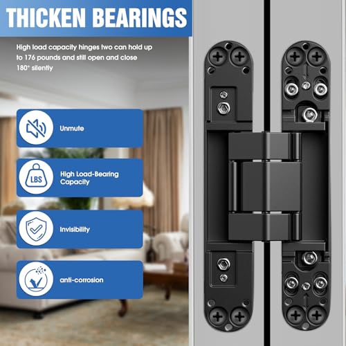 Eegoowa 6" Hidden Door Hinge,Invisible Door,Hidden Door Hinges for Secret Door 3-Way Adjustable Butt 6 x 2.5 x 1 (2PCS) (Black, 6 inches) - Image 5