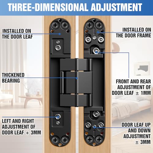 Eegoowa 6" Hidden Door Hinge,Invisible Door,Hidden Door Hinges for Secret Door 3-Way Adjustable Butt 6 x 2.5 x 1 (2PCS) (Black, 6 inches) - Image 3