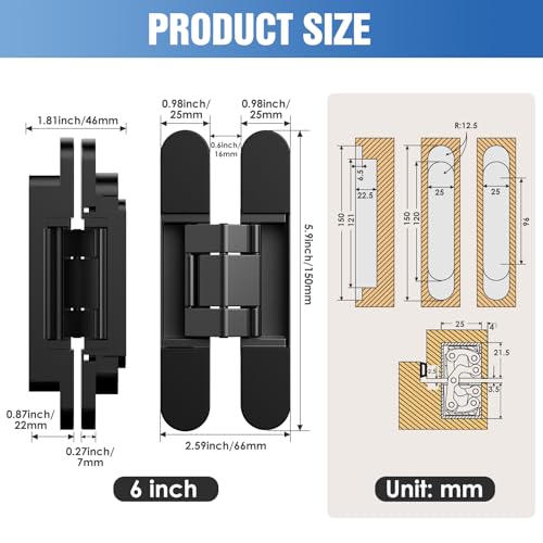 Eegoowa 6" Hidden Door Hinge,Invisible Door,Hidden Door Hinges for Secret Door 3-Way Adjustable Butt 6 x 2.5 x 1 (2PCS) (Black, 6 inches) - Image 2