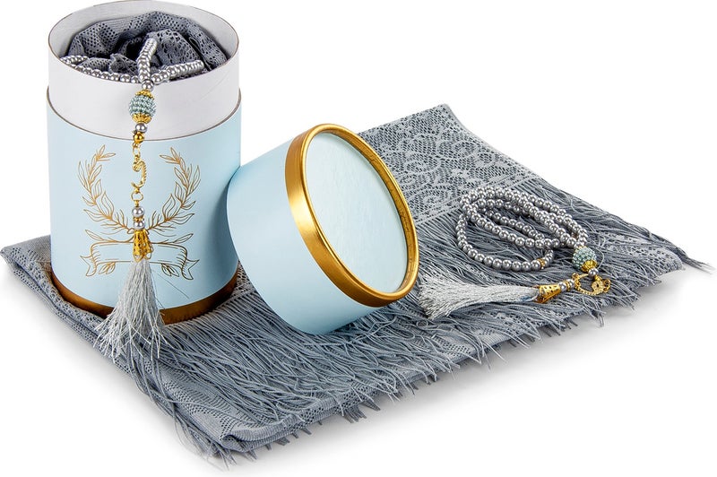 İhvan Online Special Cylinder Boxed Set Tulle Shawl with Pearl Rosary Gray Color  - Image 2