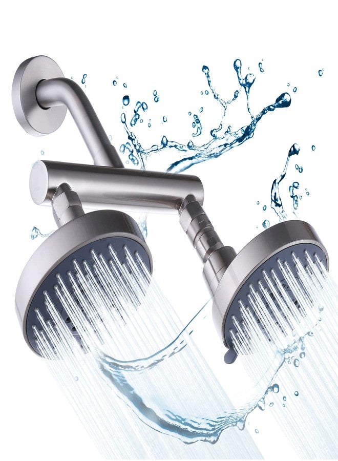 AZOS Double Shower Head with Shut-Off Valve, Bathathroom High Pressure Dual Fixed Rain Shower Head Combo with Brass Dual Outlet Manifold, Adjustable 5 Function Showerhead Brushed Nickel - Image 1