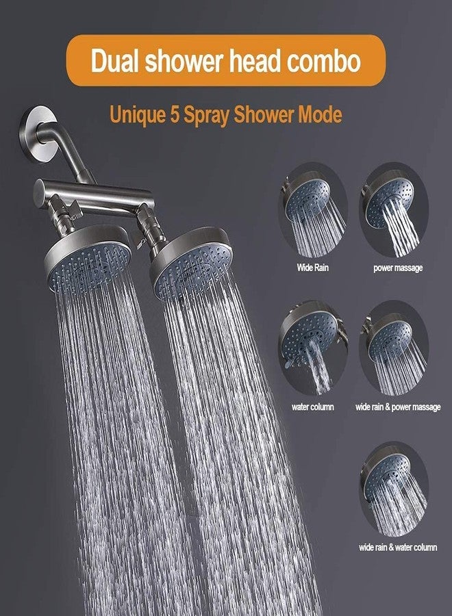 AZOS Double Shower Head with Shut-Off Valve, Bathathroom High Pressure Dual Fixed Rain Shower Head Combo with Brass Dual Outlet Manifold, Adjustable 5 Function Showerhead Brushed Nickel - Image 4