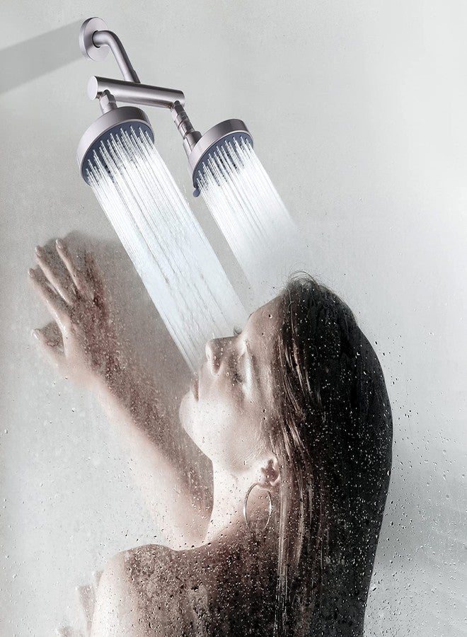 AZOS Double Shower Head with Shut-Off Valve, Bathathroom High Pressure Dual Fixed Rain Shower Head Combo with Brass Dual Outlet Manifold, Adjustable 5 Function Showerhead Brushed Nickel - Image 2