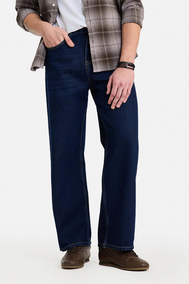 سنيتش Dark Blue Solid Loose Fit Streetwear Jeans