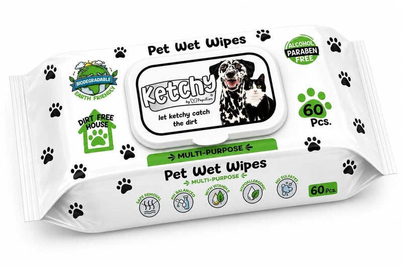 papilion Ketchy Pet Wet Wipes Multi Purpose, Alcohol Paraben Free, 60 Pcs - Image 1