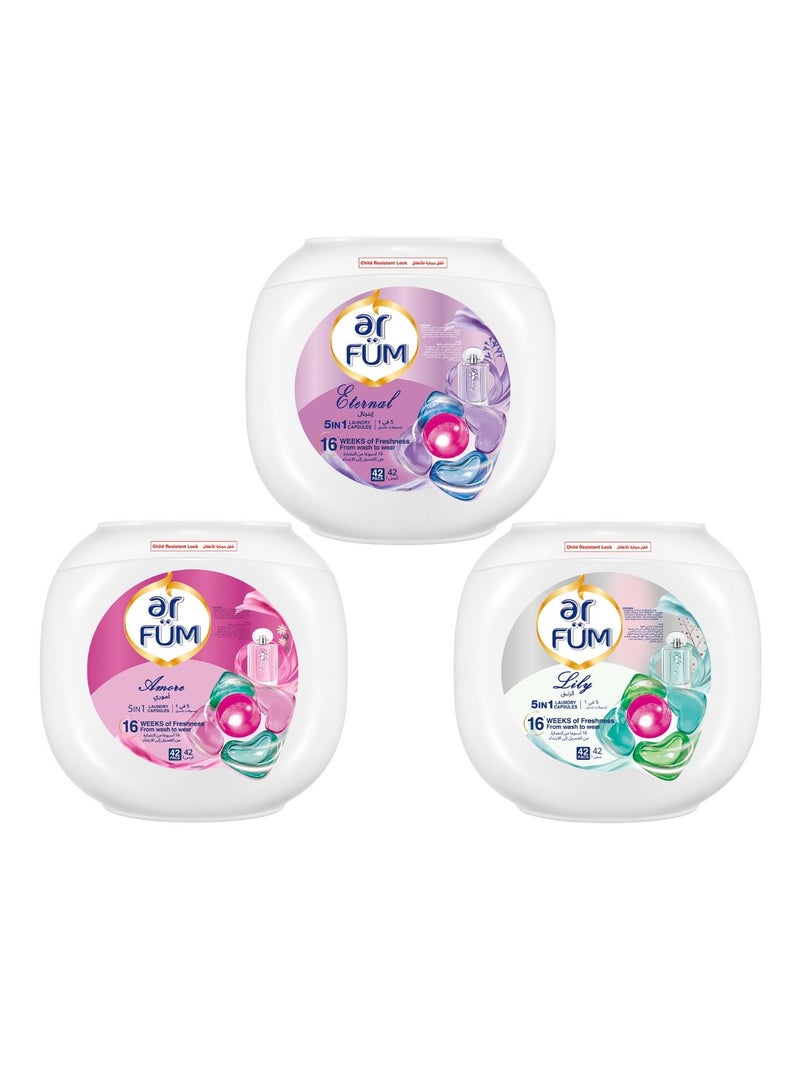 ar FUM ArFum PODS, 5-in-1 Laundry Detergent Capsules with German Formulated Laundry Pods and 16 Weeks of Long-Lasting Fragrance Capsules (Eternal, Amore, Lily), 3 X 42 Pods (126 Capsules) - Image 1
