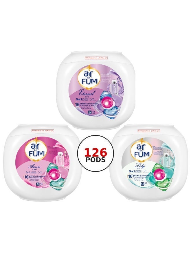 ar FUM ArFum PODS, 5-in-1 Laundry Detergent Capsules with German Formulated Laundry Pods and 16 Weeks of Long-Lasting Fragrance Capsules (Eternal, Amore, Lily), 3 X 42 Pods (126 Capsules) - Image 1