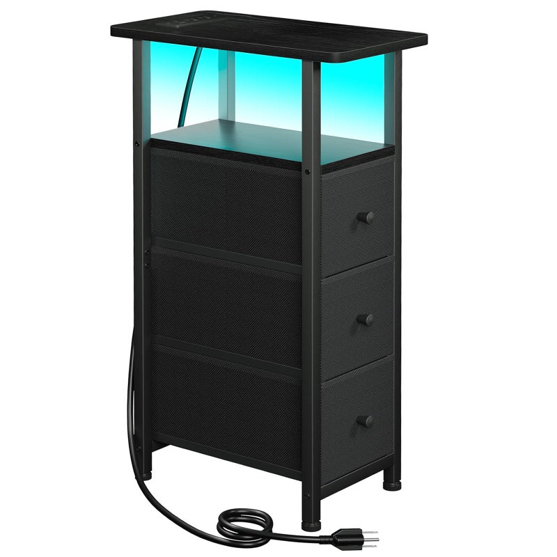LOAKEKEL Narrow End Table Living Room with Charging Station, Skinny Side Table with Fabric Drawers, Slim LED Nightstand for Bedroom, Small Spaces, Couch, Black, HETNDP03LBK-1 - Image 1