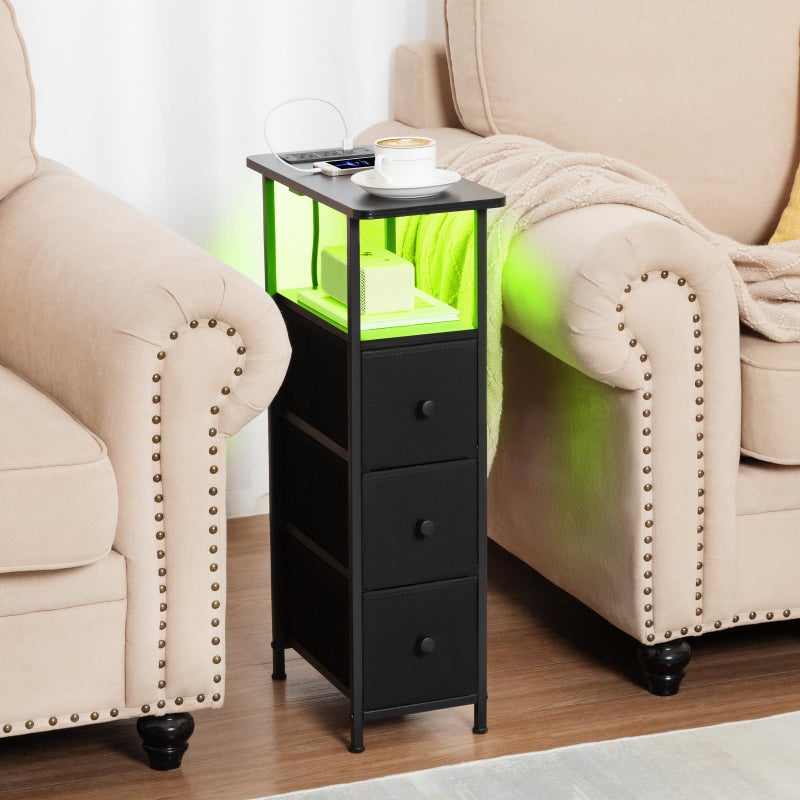LOAKEKEL Narrow End Table Living Room with Charging Station, Skinny Side Table with Fabric Drawers, Slim LED Nightstand for Bedroom, Small Spaces, Couch, Black, HETNDP03LBK-1 - Image 5