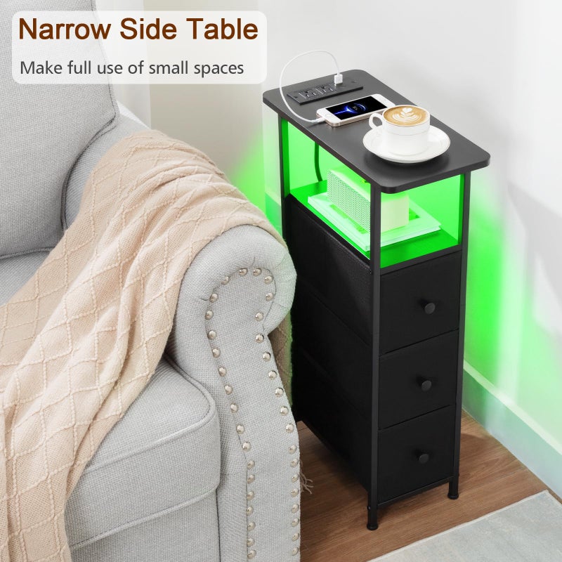 LOAKEKEL Narrow End Table Living Room with Charging Station, Skinny Side Table with Fabric Drawers, Slim LED Nightstand for Bedroom, Small Spaces, Couch, Black, HETNDP03LBK-1 - Image 2