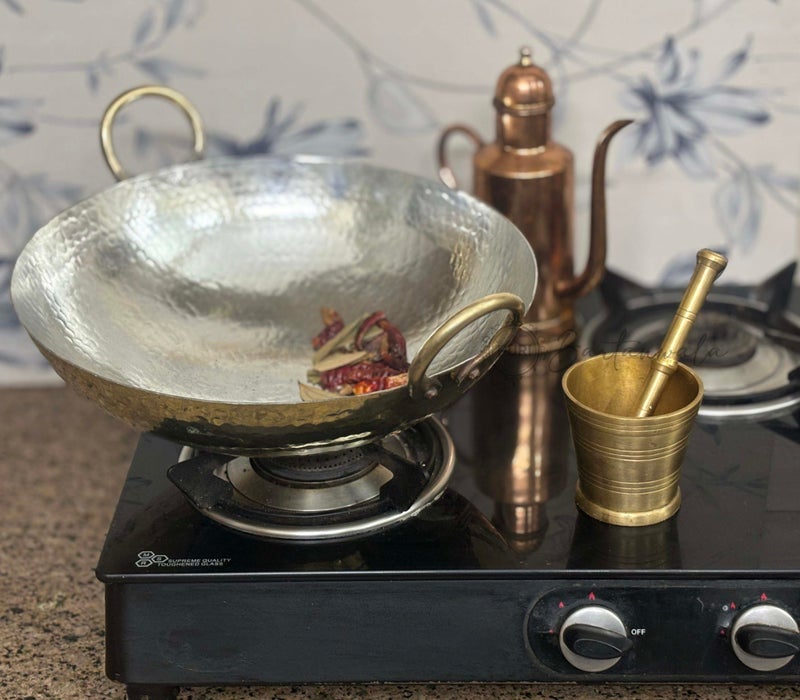 PURI BARTANWALA - Brass/Pital Non Stick Kadai for Cooking 12 Inch with Tin/Kalai Plating Inside ? Handcrafted - Image 1
