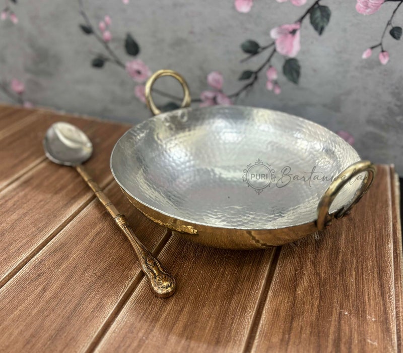 PURI BARTANWALA - Brass/Pital Non Stick Kadai for Cooking 12 Inch with Tin/Kalai Plating Inside ? Handcrafted - Image 4
