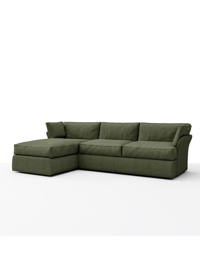Plush  L-Shape Sofa – Left Chaise Lounge-Textured Fabric  -Sage -Beech Wood Frame with Coil Springs – Latex & Down Alternative Filling – 295 x 172 H:80 cm – Soft Linen Feel Upholstery