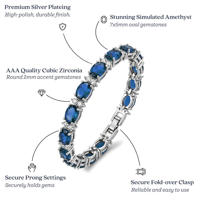 KEZEF Tennis Bracelets For Women - Cubic Zirconia - Oval 7x5mm Blue Sapphire Gemstones - Round 2.50mm White CZ - Silver Plated Brass - 7 Inch - Hypoallergenic Bracelets - Image 3