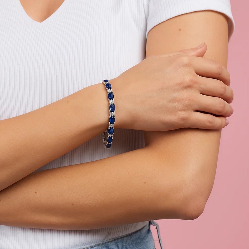 KEZEF Tennis Bracelets For Women - Cubic Zirconia - Oval 7x5mm Blue Sapphire Gemstones - Round 2.50mm White CZ - Silver Plated Brass - 7 Inch - Hypoallergenic Bracelets - Image 1
